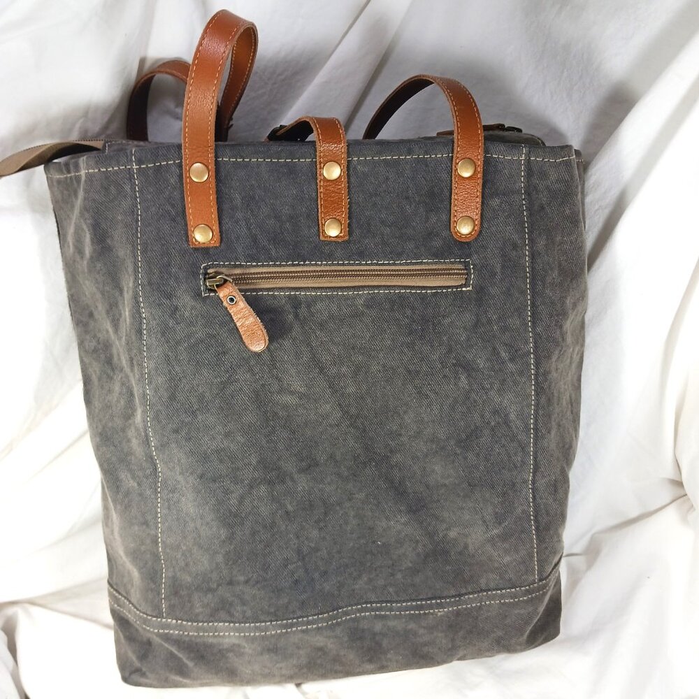 Myra Bag Dk Brown White Cowhide Gray Canvas Tooled Leather Shoulder Bag Zip 16" - Picture 4 of 13